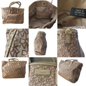 DKNY Signature Logo Jacquard Tote Bag Beige Tan Monogram Shopper July 2014
